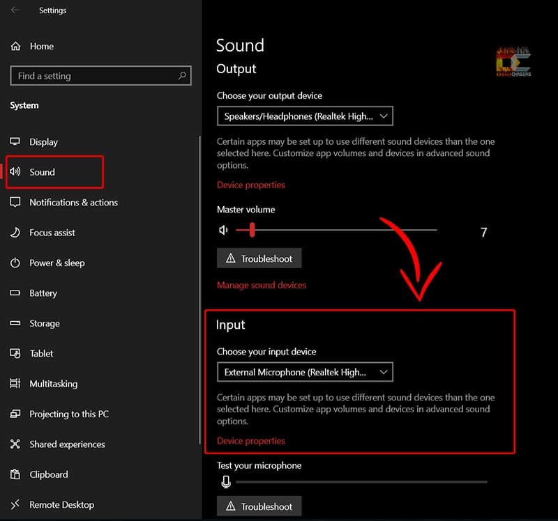 4. input section device properties using headset mic one jack